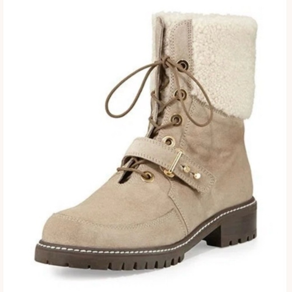STUART WEITZMAN Viking Combat Boots in Fango,
Suede Faux Fur Trim